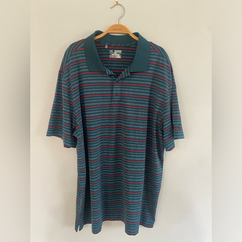 Under Armor Green and Red Striped Golf Polo